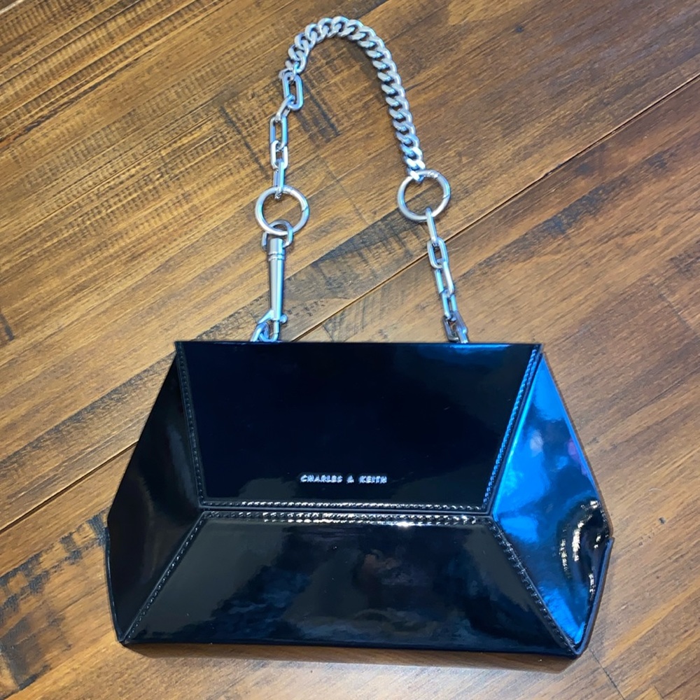 Charles & Keith Black Patent Geometric Satchel with Silver Chain